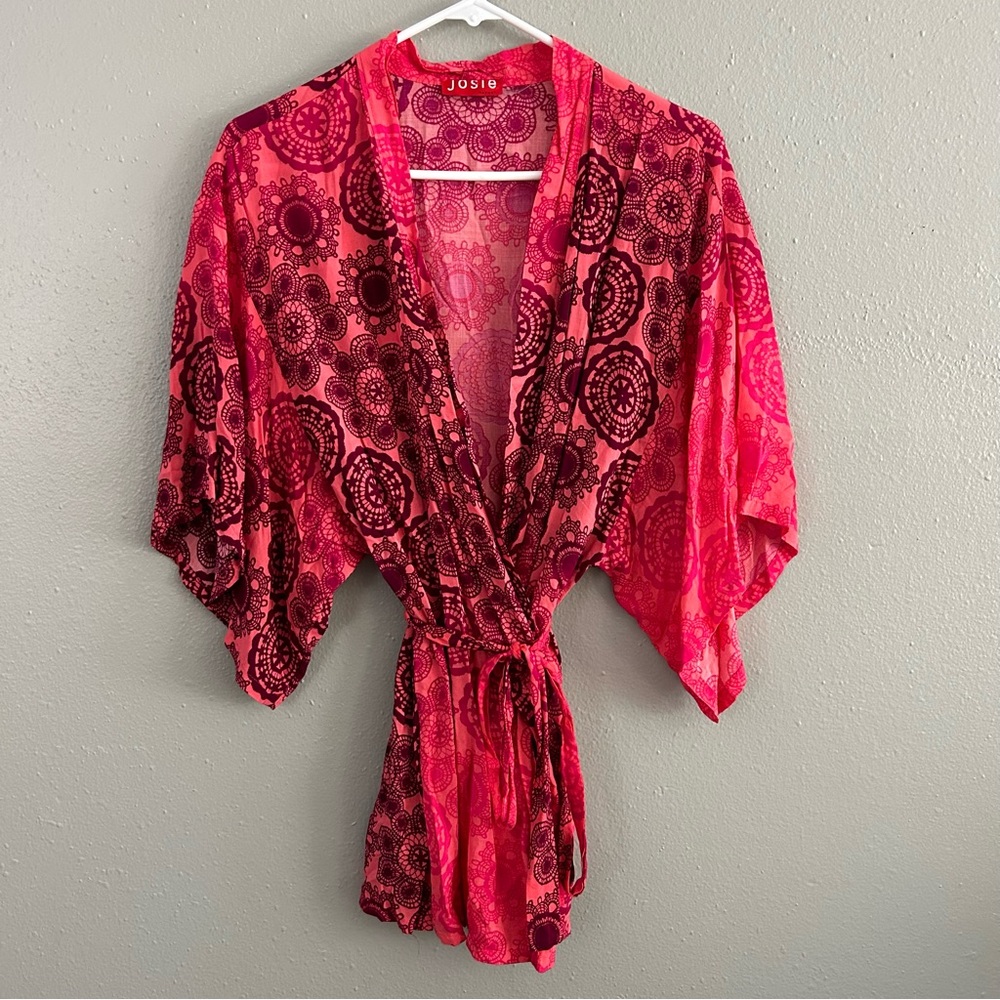 Josie Natori Medallion Happi Coat Bohemian Kimono Robe Size S Attached Sash Belt